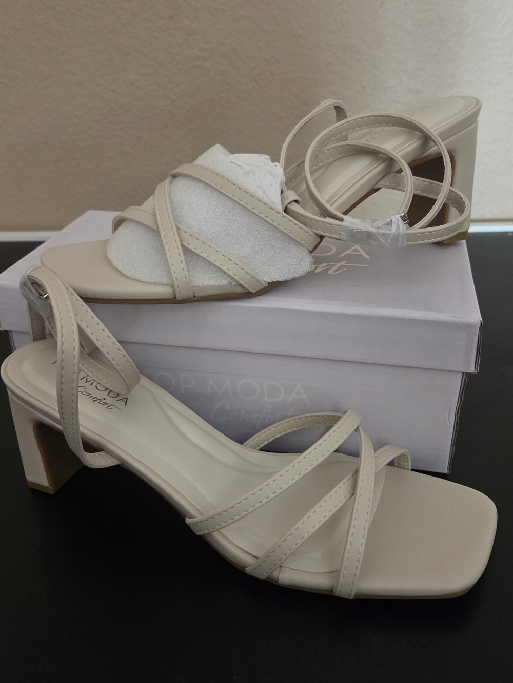 TOP Moda Cream Strappy Mid Block Heel Sandals